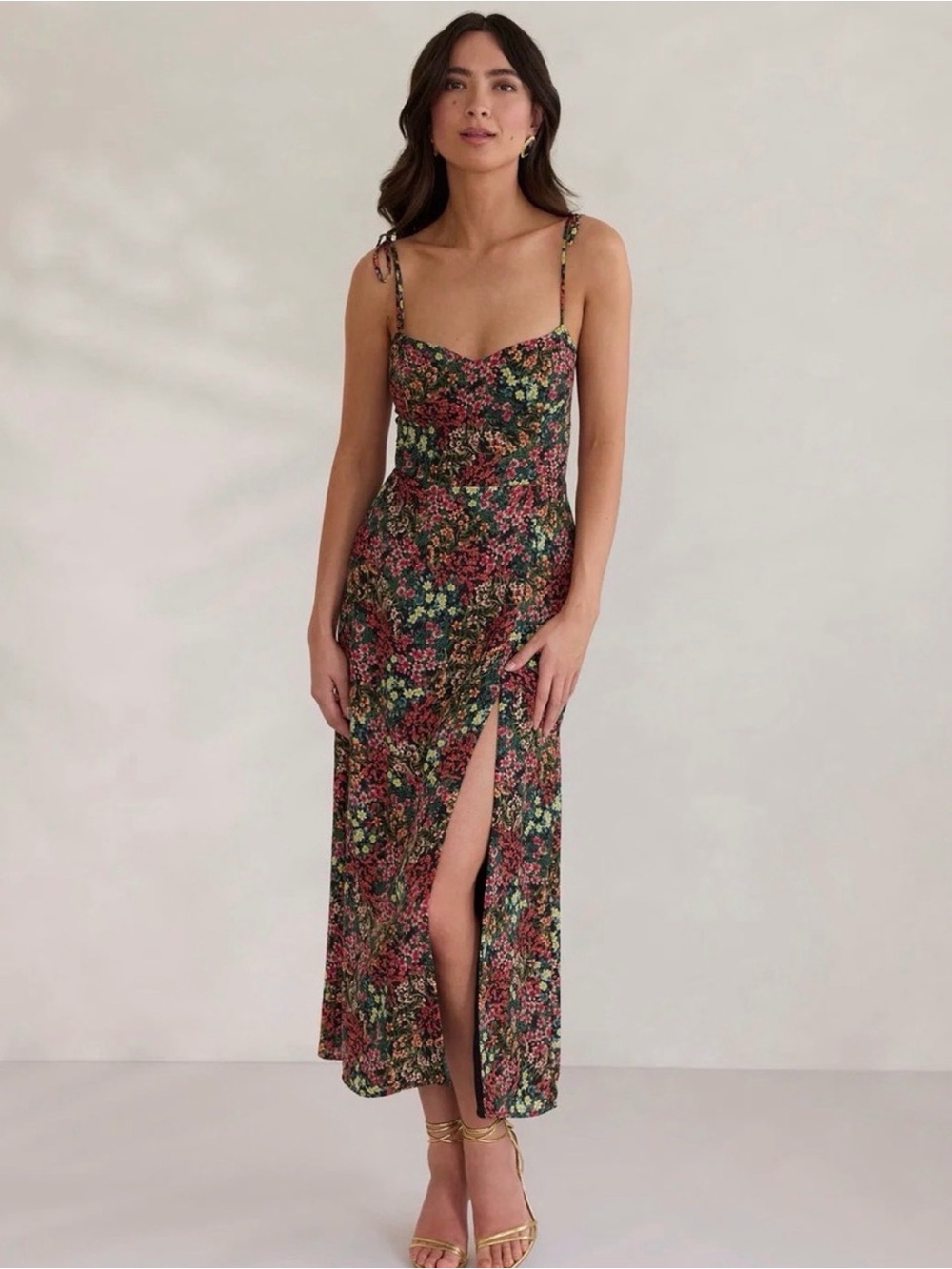 Park & Fifth Black  willow Floral Midi Slip Dress with Side Slit